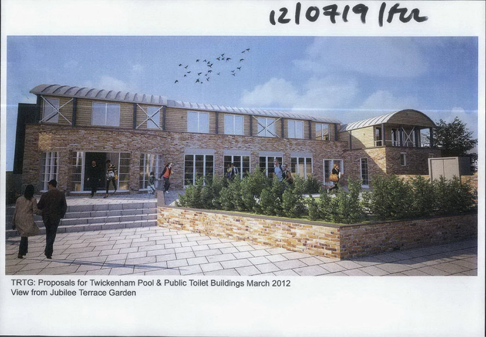 Pool buildings: café on left, superintendent's house on right.