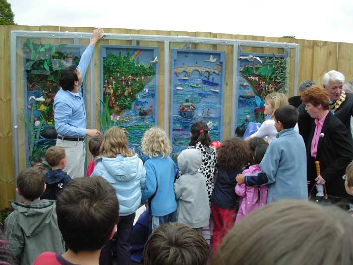 Unveiling the mural, B is for Boat, R is for River. Photo by Bill Double.
